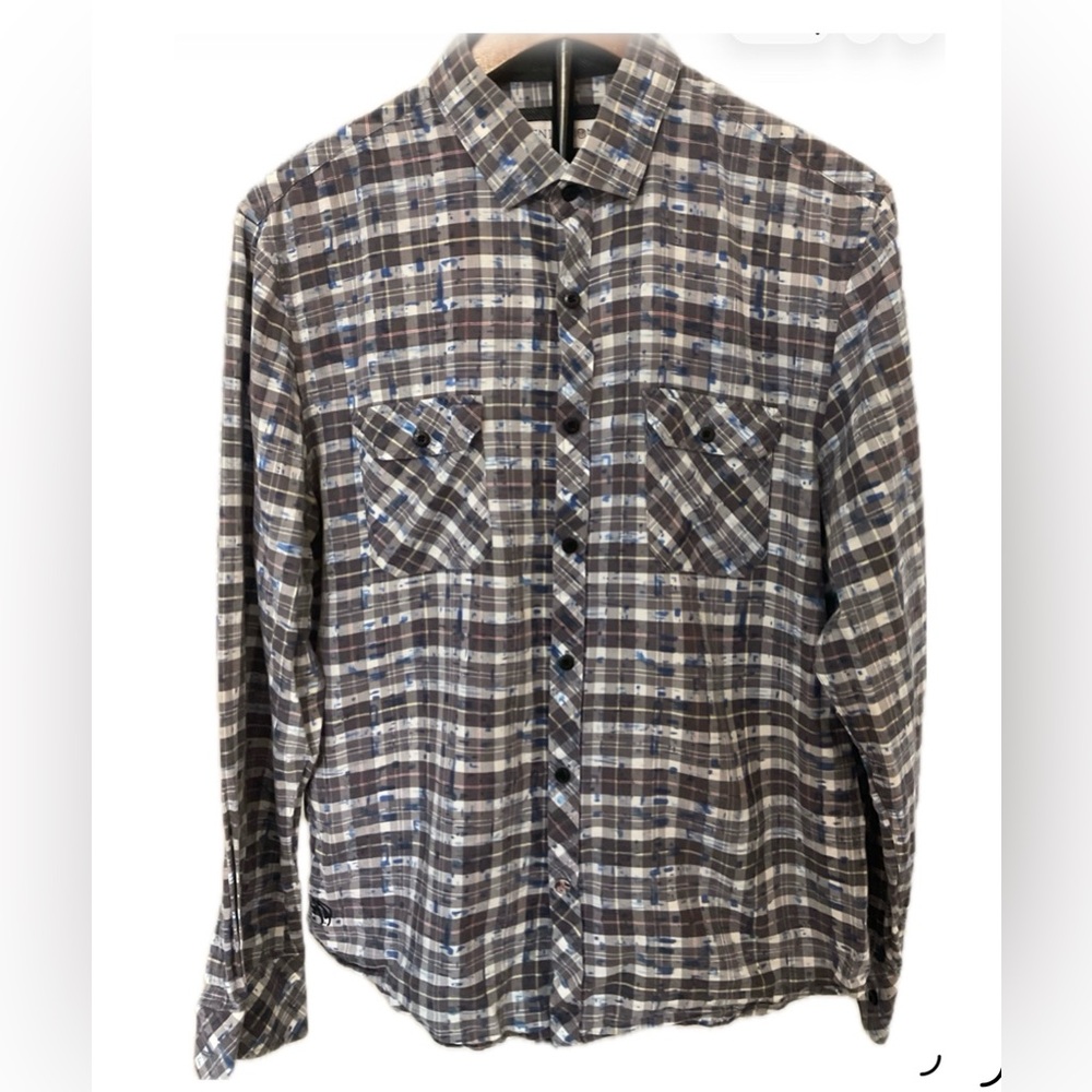***John Lennon Checkered Blue With Ink Stain Pattern with  flip cuffs.